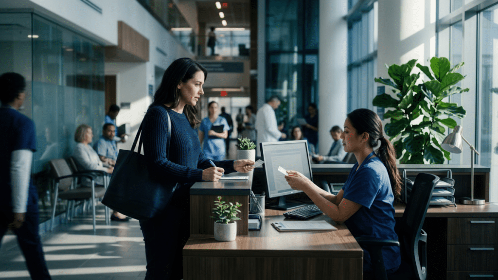 Patient handing a card to a medical receptionist at a busy clinic front desk.